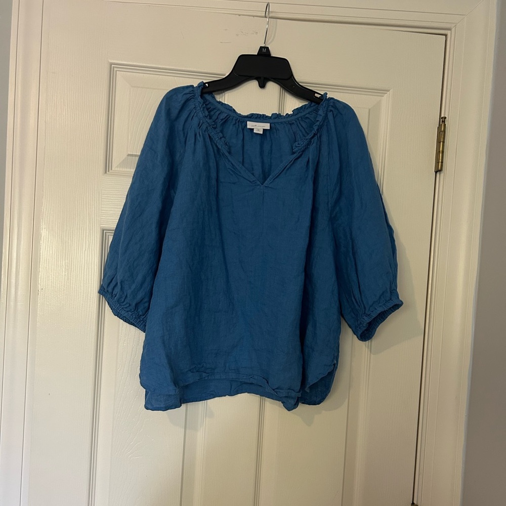 J. Jill Blue Washable Linen Blouse with V-Neck